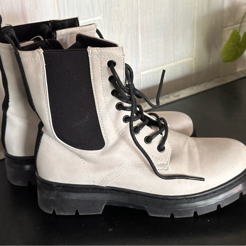 White and Black Lace Up Boots with Chunky Sole